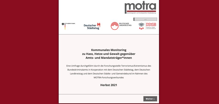 Screenshot der motra-Umfrage: "Kommunales Monitoring zu Hass, Hetze und Gewalt gegenüber Amts- und Mandatsträger*innen"